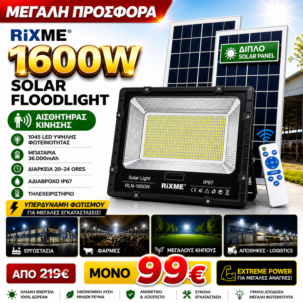 Ηλιακός προβολέας Rixme 1.600w με 2 σολαρ πανελ